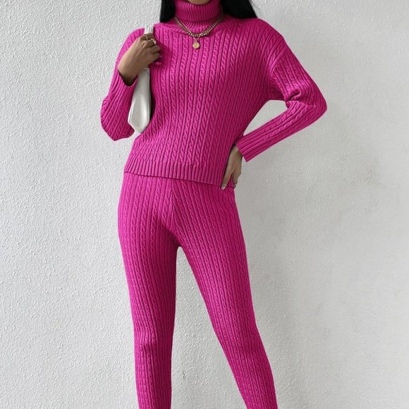Pink Preppy Womens Turtle Neck Drop Shoulder Cable Knit Sweater & Knit Pants - Picture 3 of 5